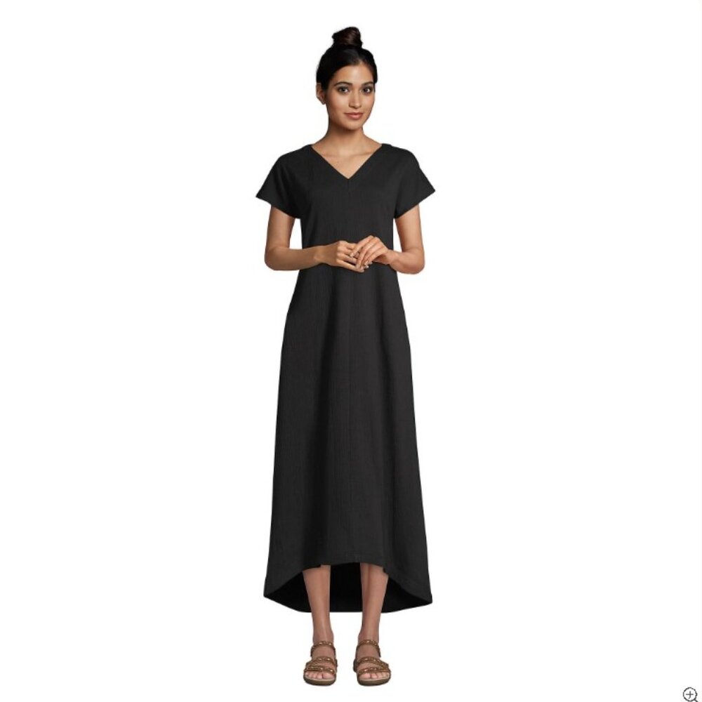 Women's Crinkle Knit Short Sleeve High Low Midi Dress Black Medium